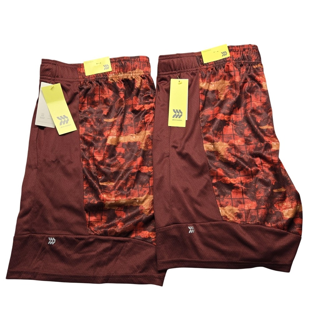 All In Motion Court Shorts Mens 2XL Red Maroon Abstract Drawstring Side Pockets